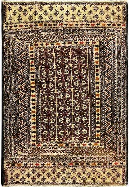 4.4 x 6 hand-knotted baluch tribal wool rug, top view