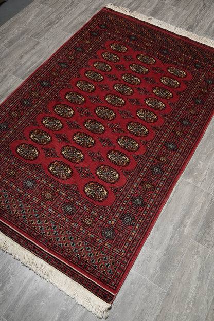 4 x 6.6 hand-knotted bokhara wool rug, full layout view