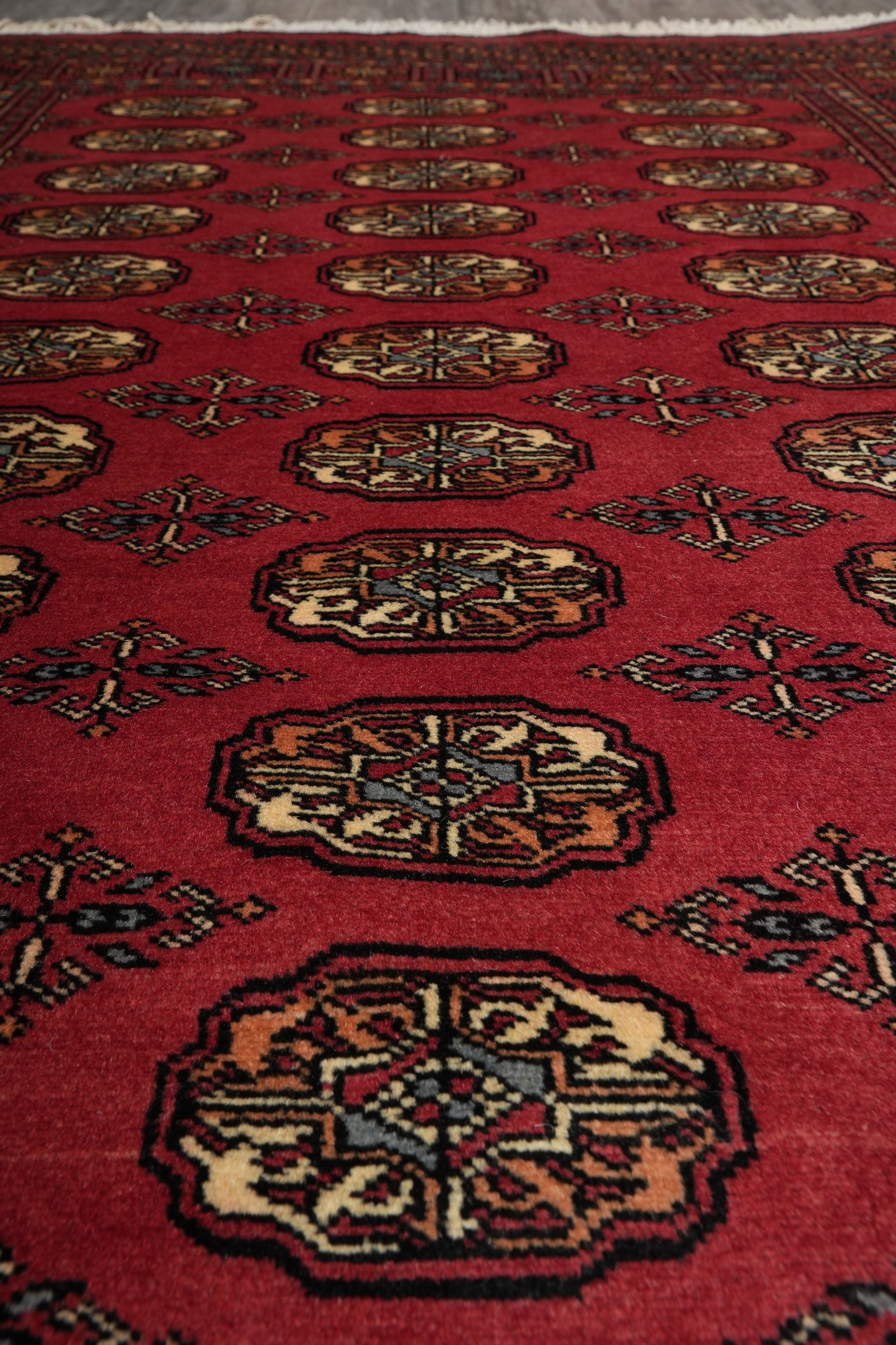 4 x 6.6 hand-knotted bokhara wool rug, alternate angle 3