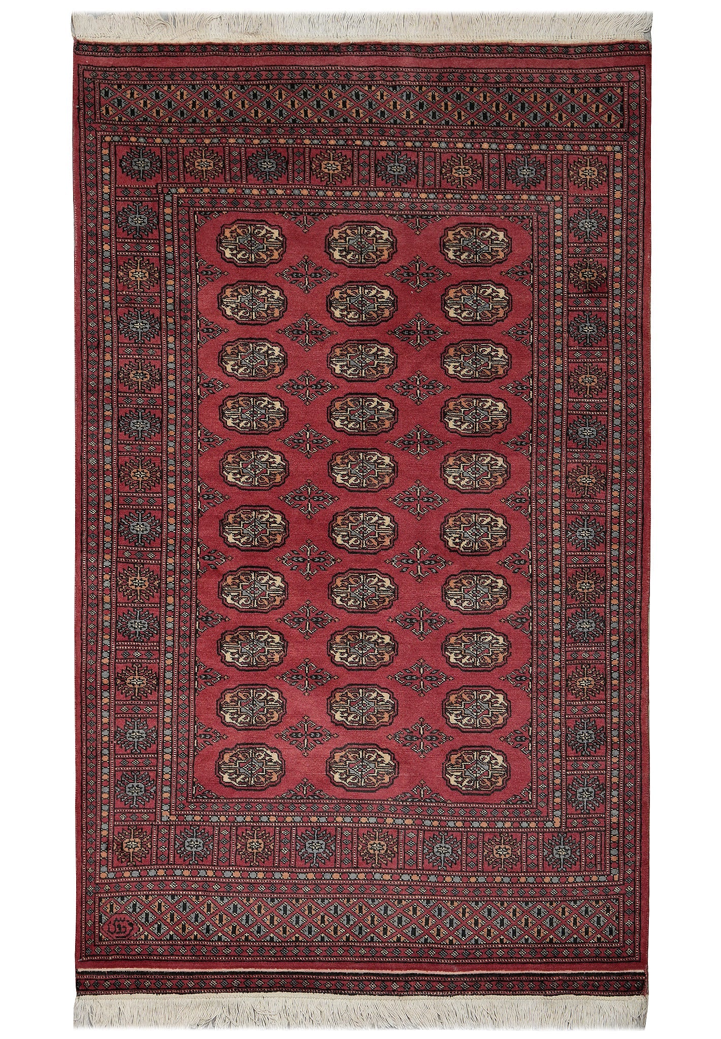 4 x 6.6 hand-knotted bokhara wool rug, top view