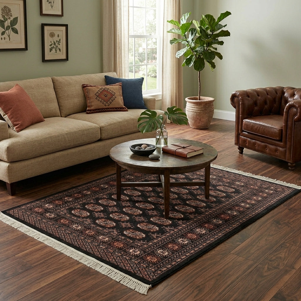 4 x 6 hand-knotted bokhara wool rug, detail of pattern