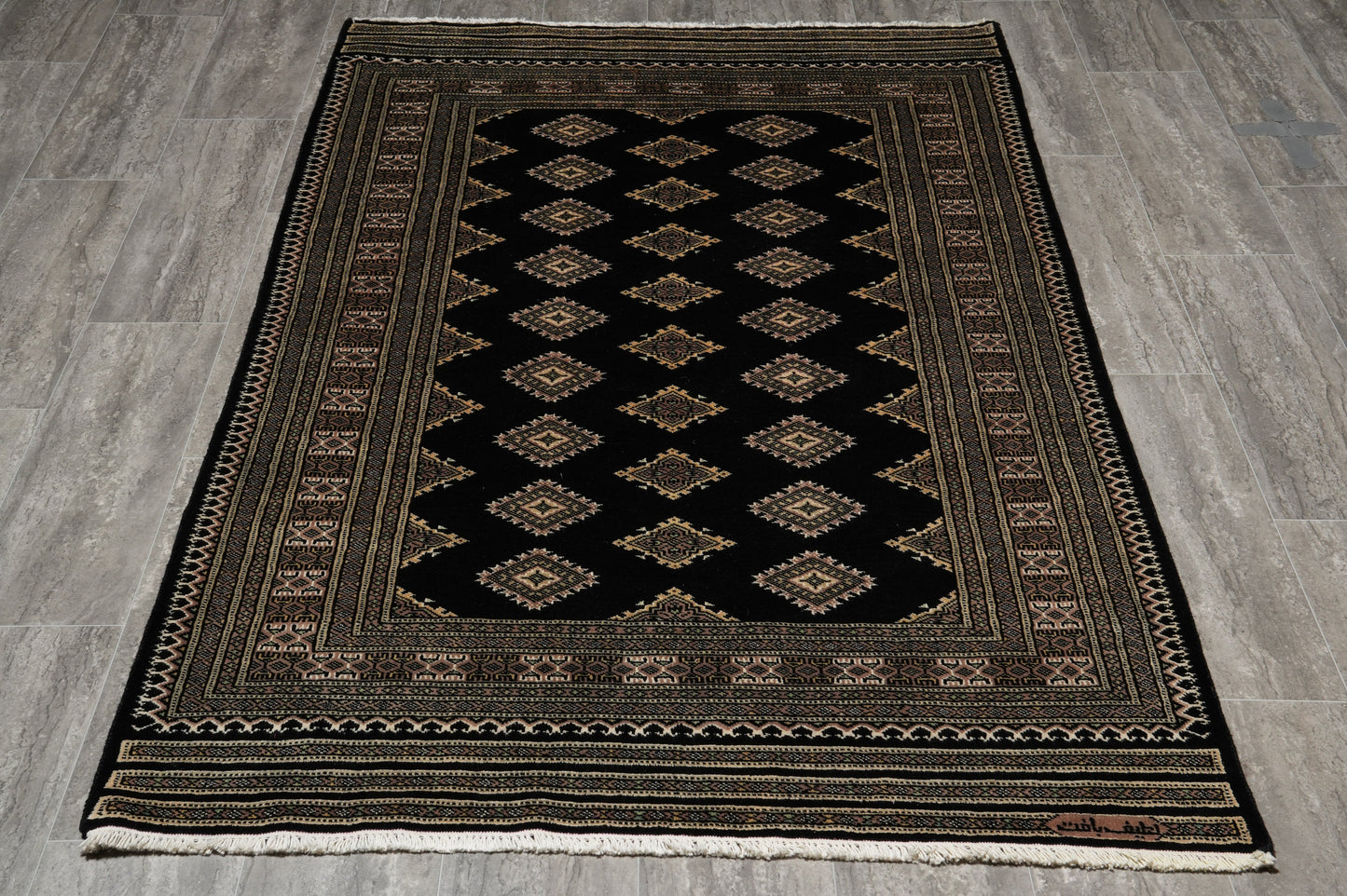 4 x 6.1 hand-knotted jaldar bokhara wool rug, full layout view