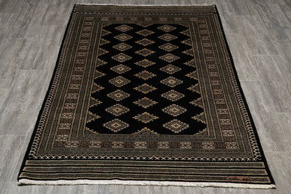 4 x 6.1 hand-knotted jaldar bokhara wool rug, full layout view