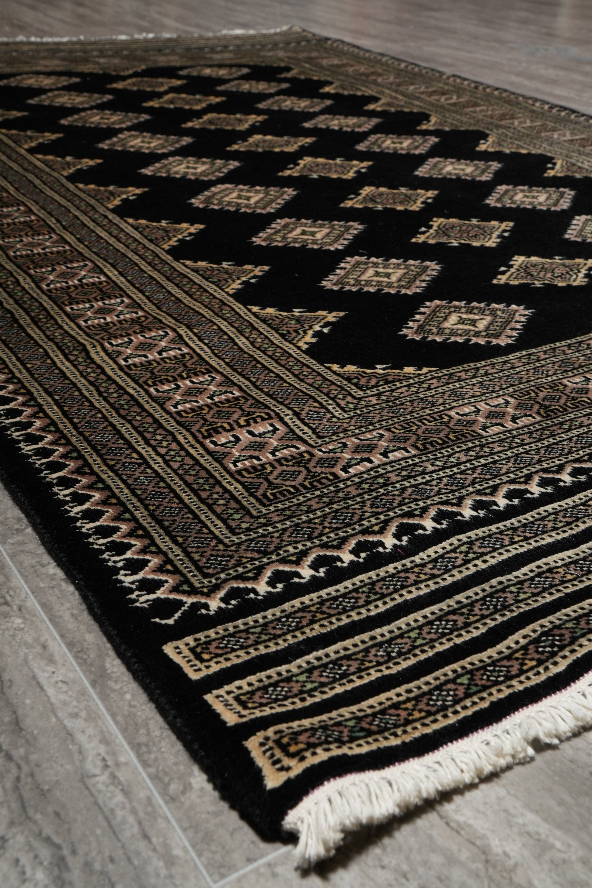 4 x 6.1 hand-knotted jaldar bokhara wool rug, alternate angle 1