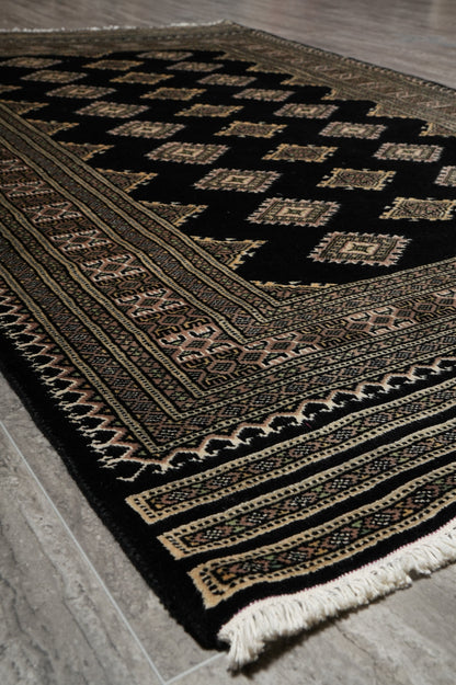 4 x 6.1 hand-knotted jaldar bokhara wool rug, alternate angle 1