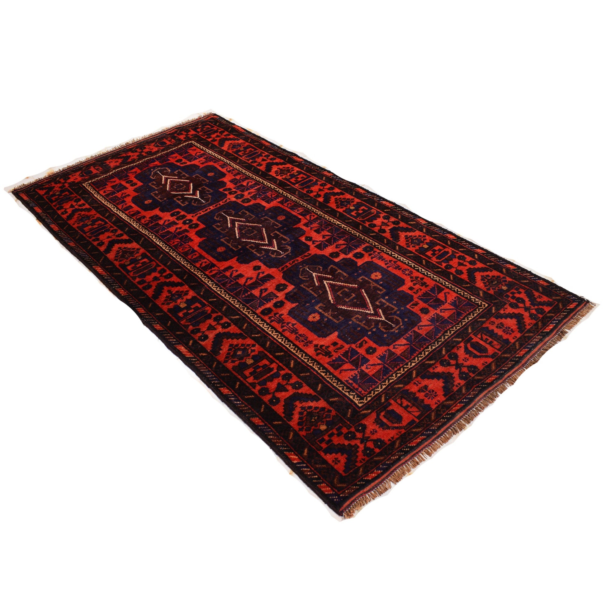 4 x 8 hand-knotted baluch tribal wool rug, corner detail