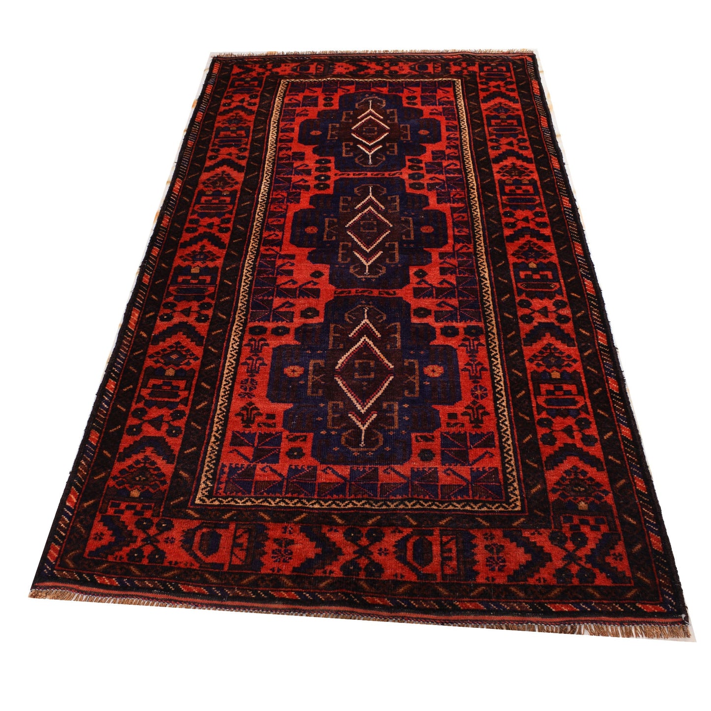 4 x 8 hand-knotted baluch tribal wool rug, full layout view