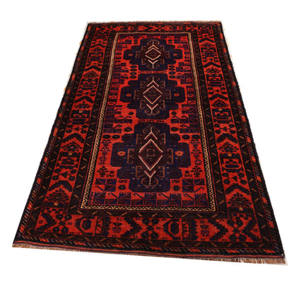 4 x 8 hand-knotted baluch tribal wool rug, full layout view