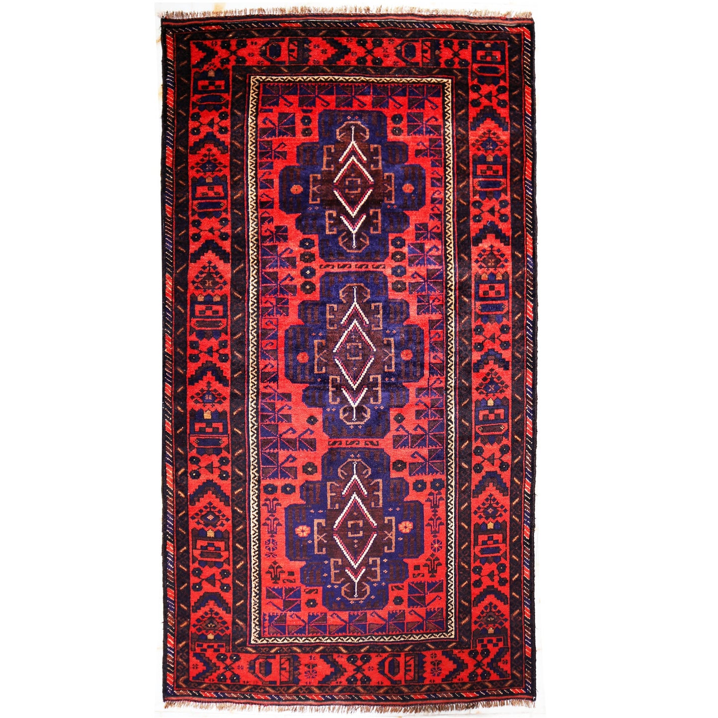 4 x 8 hand-knotted baluch tribal wool rug, top view