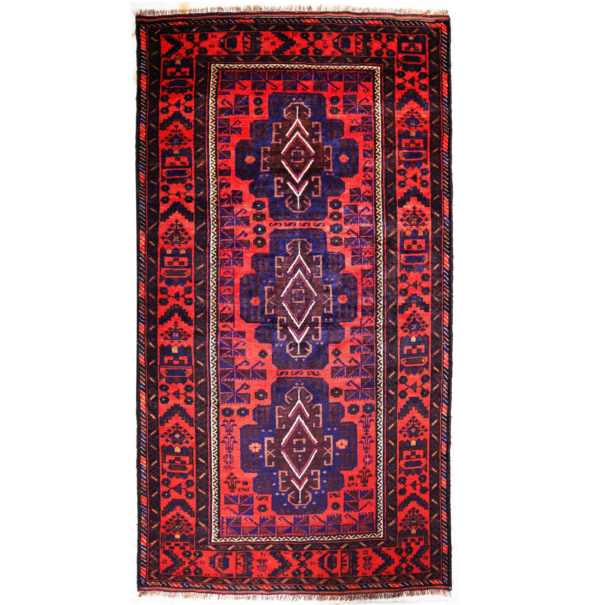 4 x 8 hand-knotted baluch tribal wool rug, top view