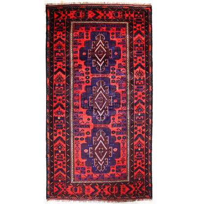 4 x 8 hand-knotted baluch tribal wool rug, top view