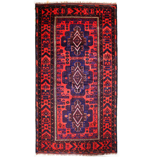 4 x 8 hand-knotted baluch tribal wool rug, top view