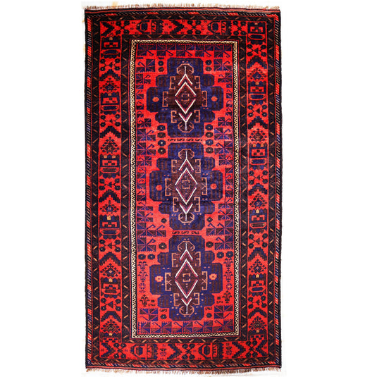 4 x 8 hand-knotted baluch tribal wool rug, top view