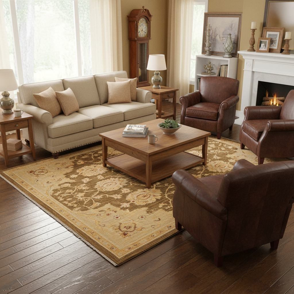 Chocolate brown Chobi rug, central motif close-up in ivory and tan
