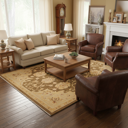 Chocolate brown Chobi rug, central motif close-up in ivory and tan