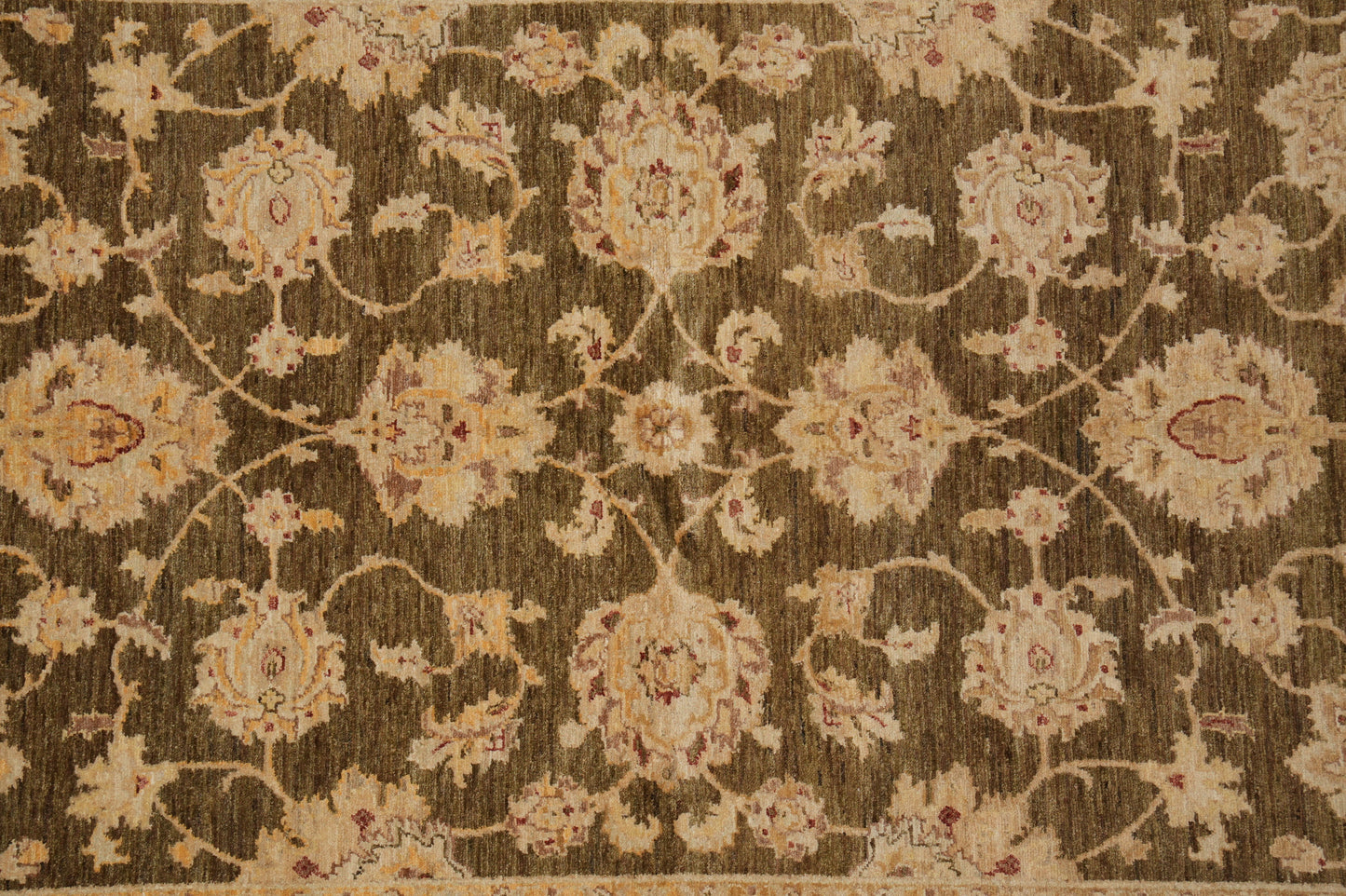 Chocolate brown Chobi rug, corner motif with vegetal-dye finish