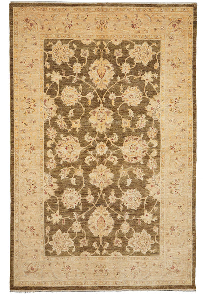 5.11 x 8.8 Chobi hand-knotted wool rug in chocolate brown, top view