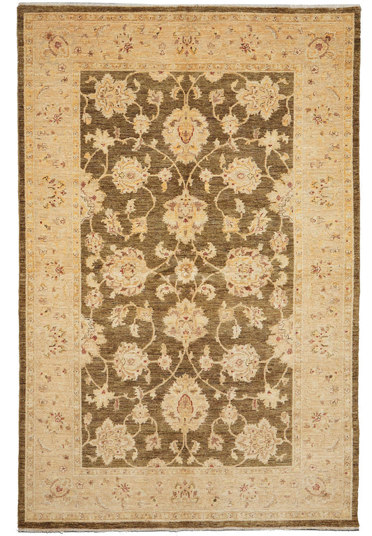 5.11 x 8.8 Chobi hand-knotted wool rug in chocolate brown, top view