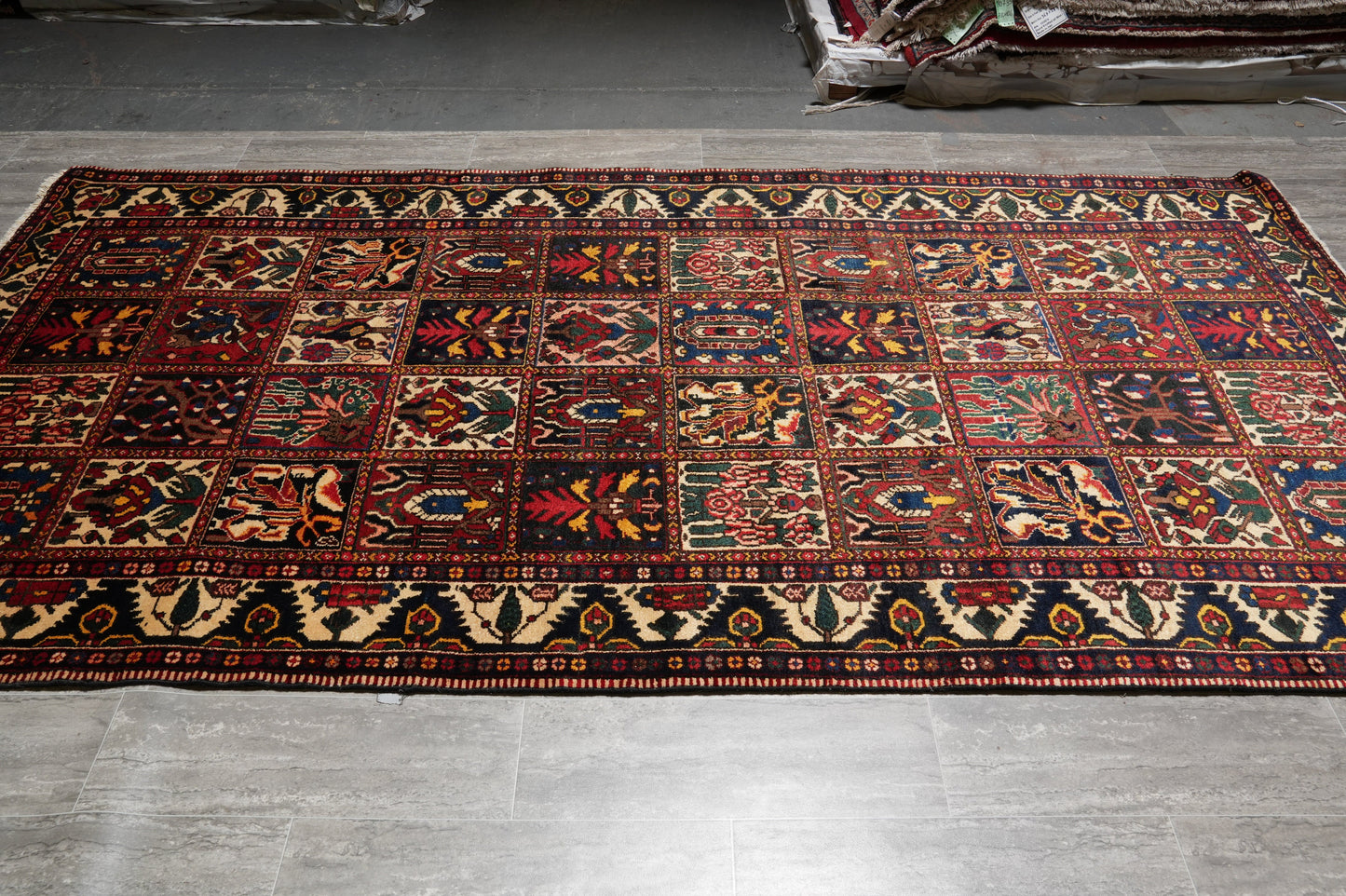 Bakhtiar-pattern garden runner, second panel detail in green and ivory
