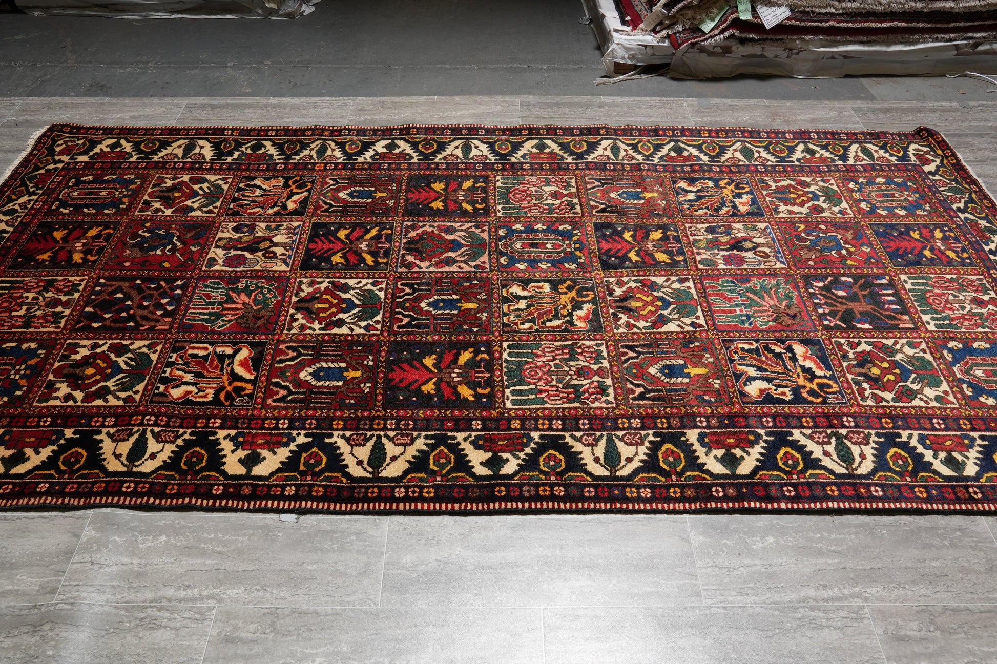 Bakhtiar-pattern garden runner, second panel detail in green and ivory