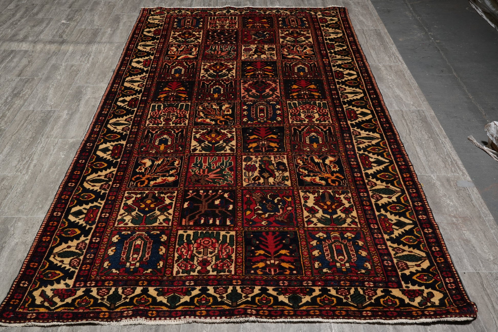 Bakhtiar-pattern garden runner, mid-length panel grid showing variety