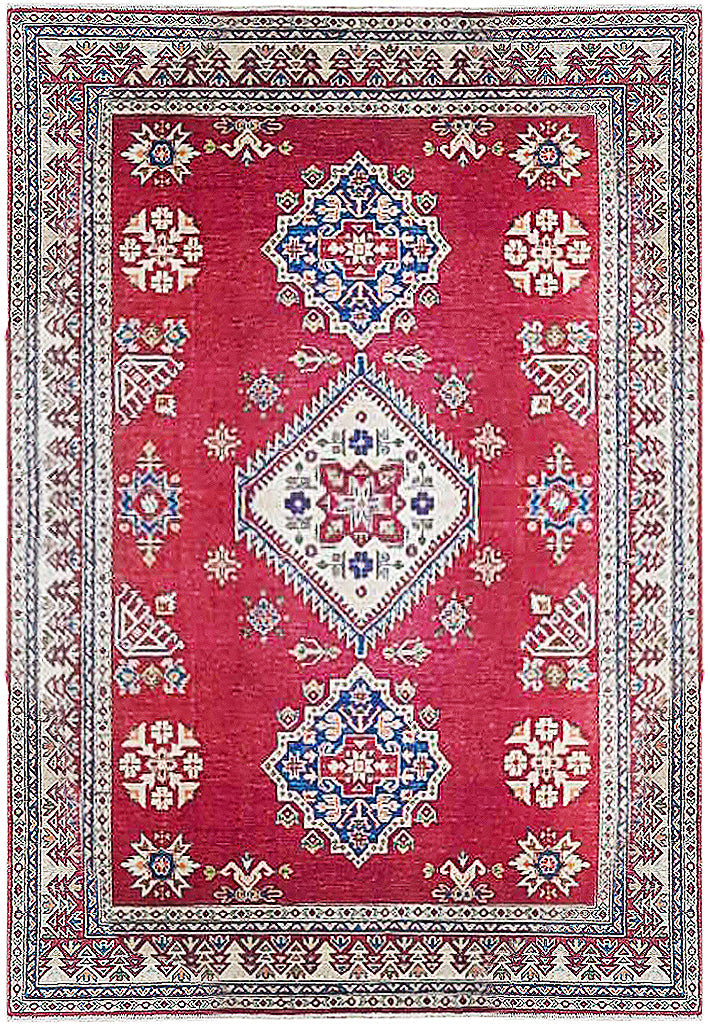 5.7 x 8.5 Afghan Kazak hand-knotted wool rug in multi-color, top view