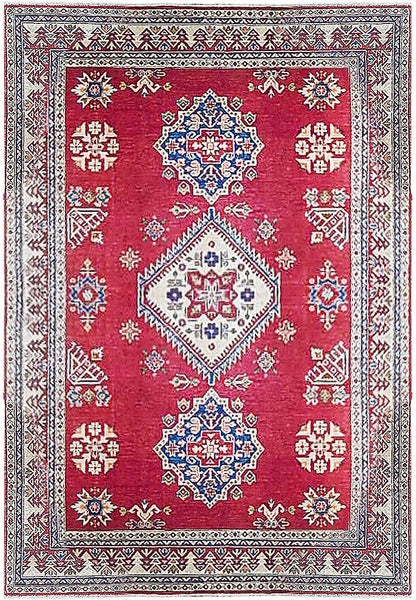 5.7 x 8.5 Afghan Kazak hand-knotted wool rug in multi-color, top view