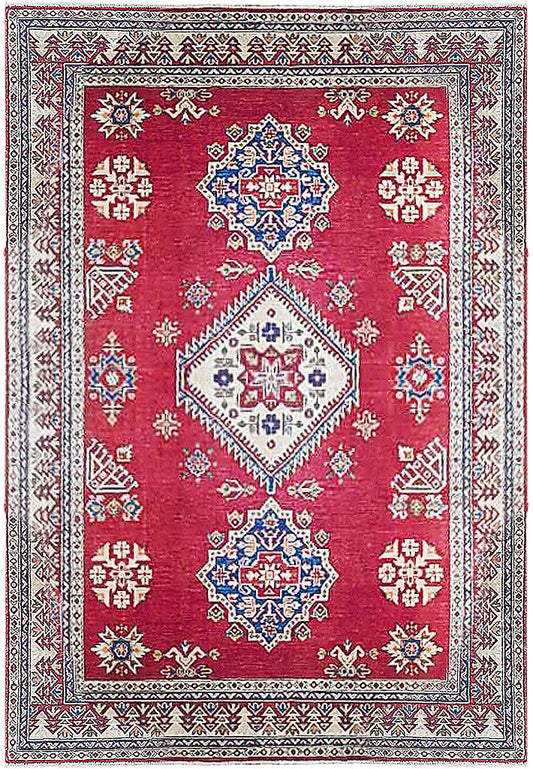 5.7 x 8.5 Afghan Kazak hand-knotted wool rug in multi-color, top view