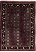 5.8 x 7.10 Turkman Bokhara hand-knotted wool rug in burgundy and black, top view