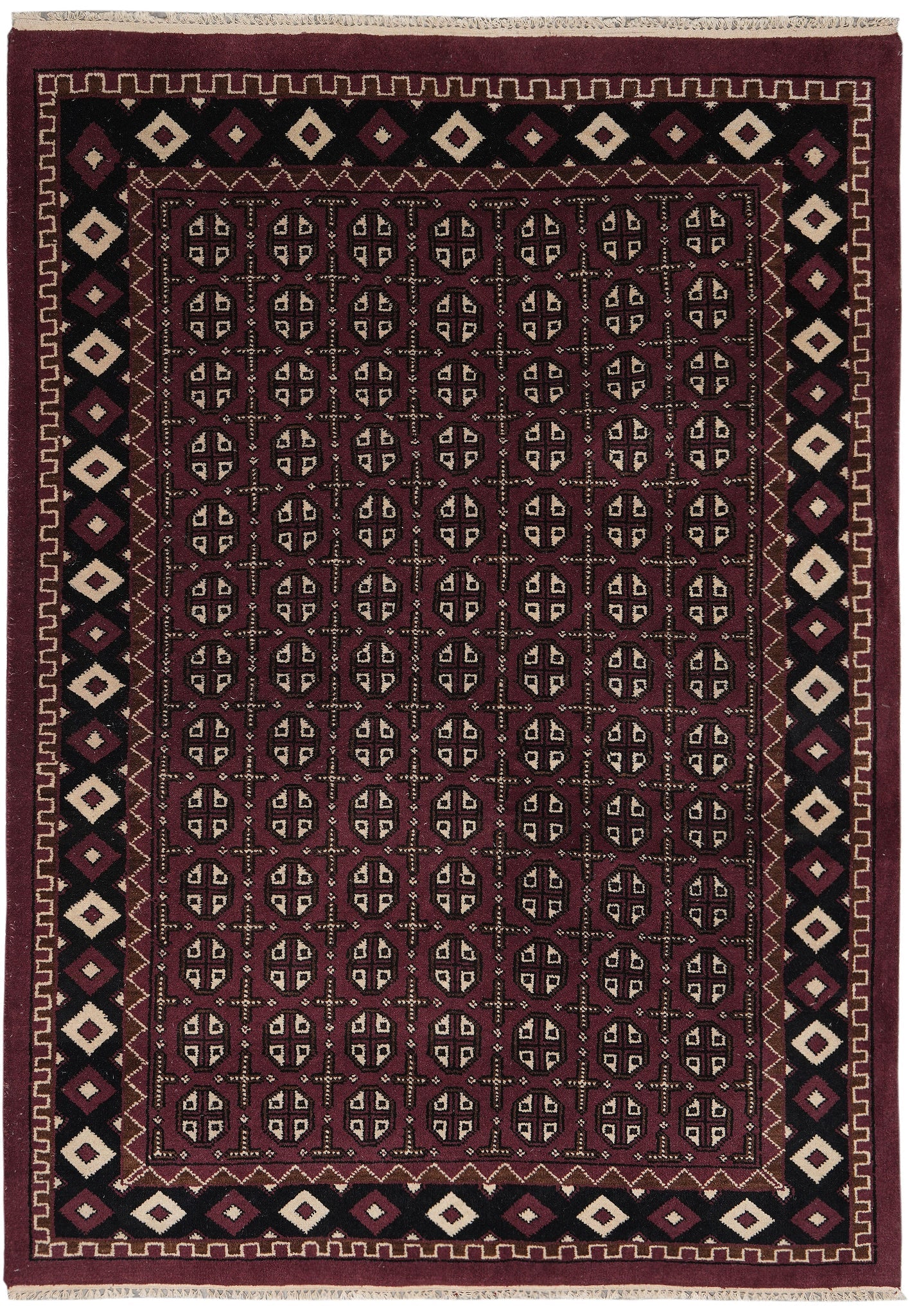 5.8 x 7.10 Turkman Bokhara hand-knotted wool rug in burgundy and black, top view