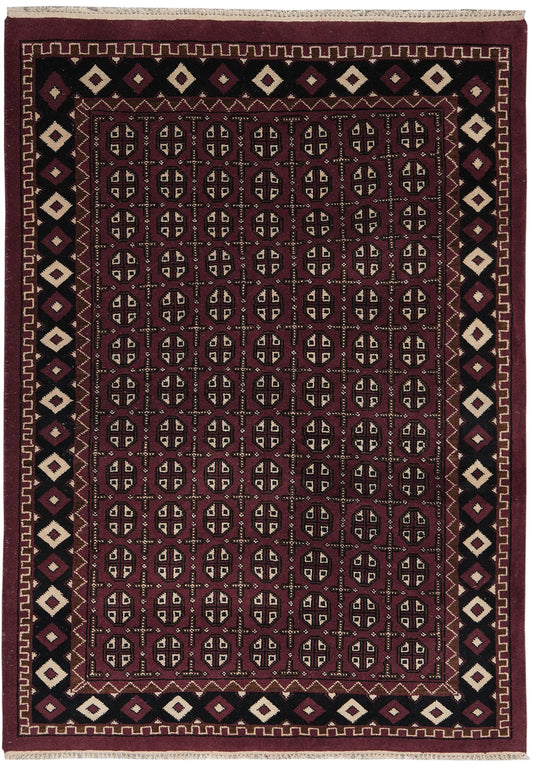 5.8 x 7.10 Turkman Bokhara hand-knotted wool rug in burgundy and black, top view