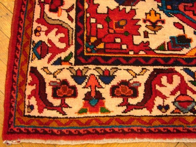 Hamadan-style runner, pile texture close-up showing wool depth