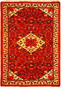 5 x 10 Hamadan-style hand-knotted wool runner in red and ivory, top view