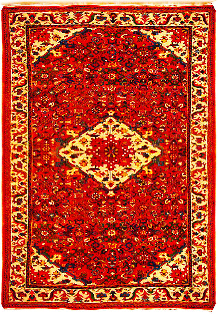 5 x 10 Hamadan-style hand-knotted wool runner in red and ivory, top view