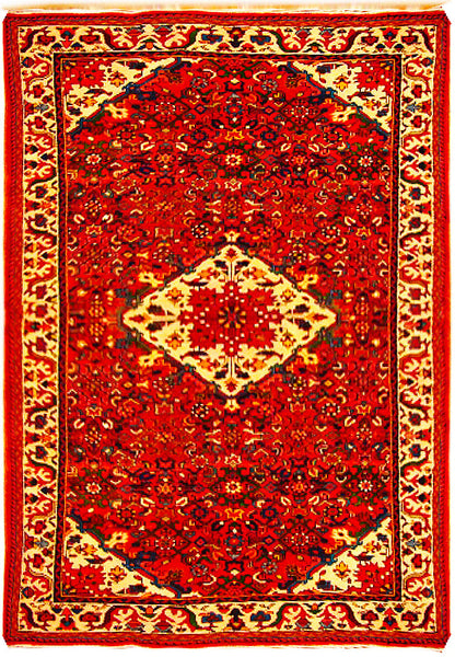 5 x 10 Hamadan-style hand-knotted wool runner in red and ivory, top view