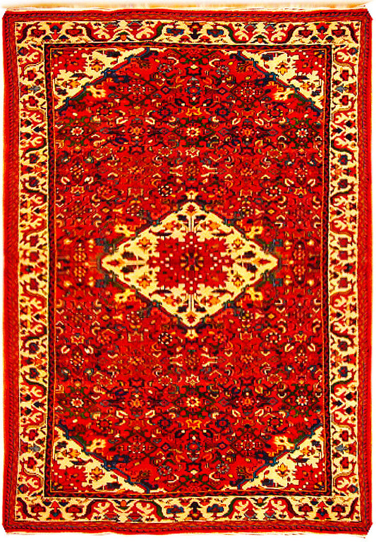 5 x 10 Hamadan-style hand-knotted wool runner in red and ivory, top view