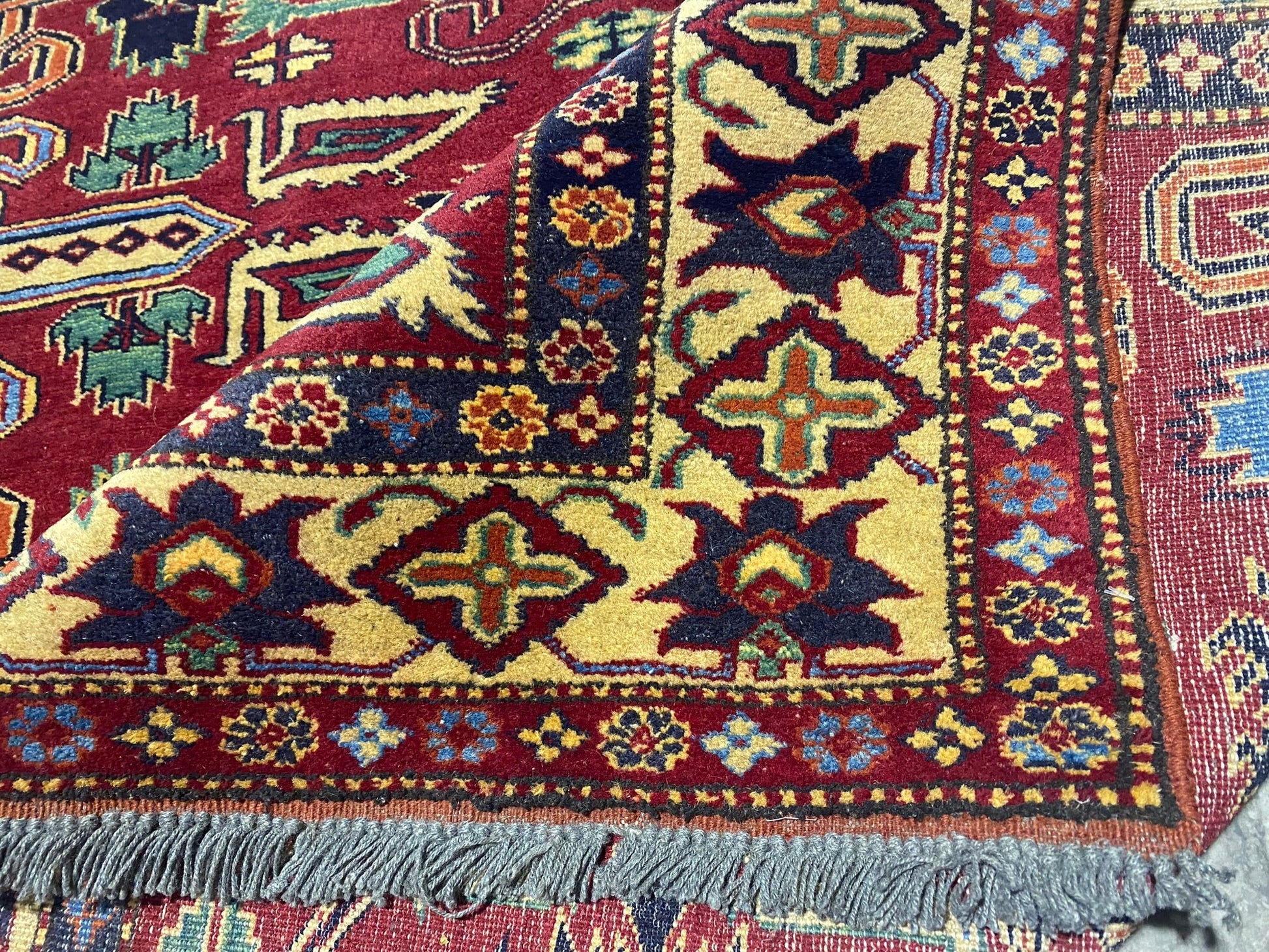 Afghan Kazak small rug, border pattern in ivory and red