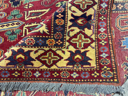 Afghan Kazak small rug, border pattern in ivory and red