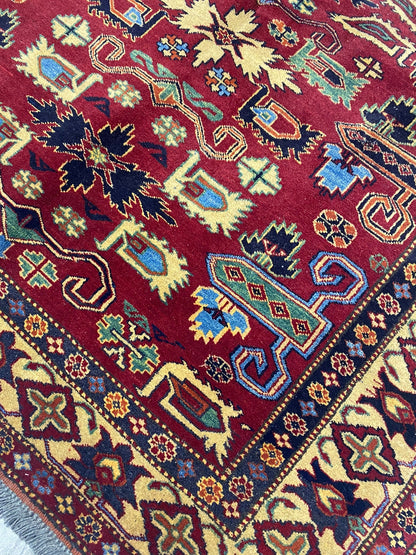 Afghan Kazak small rug, color balance close-up showing multi-color field