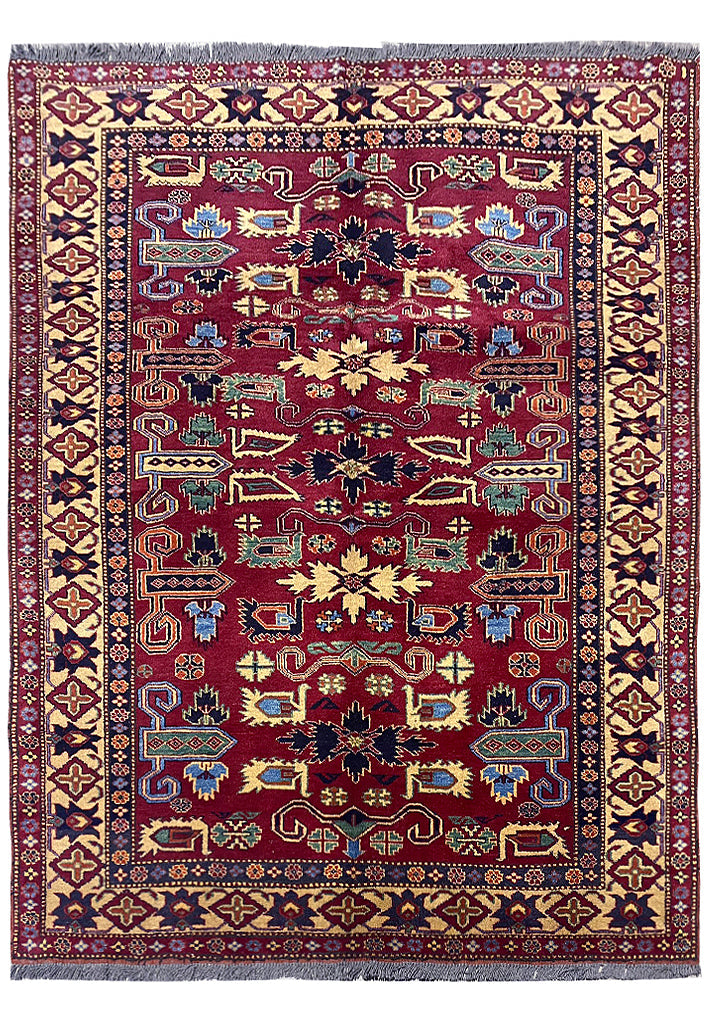 5 x 6 Afghan Kazak hand-knotted wool rug in multi-color tribal pattern, top view