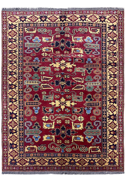 5 x 6 Afghan Kazak hand-knotted wool rug in multi-color tribal pattern, top view