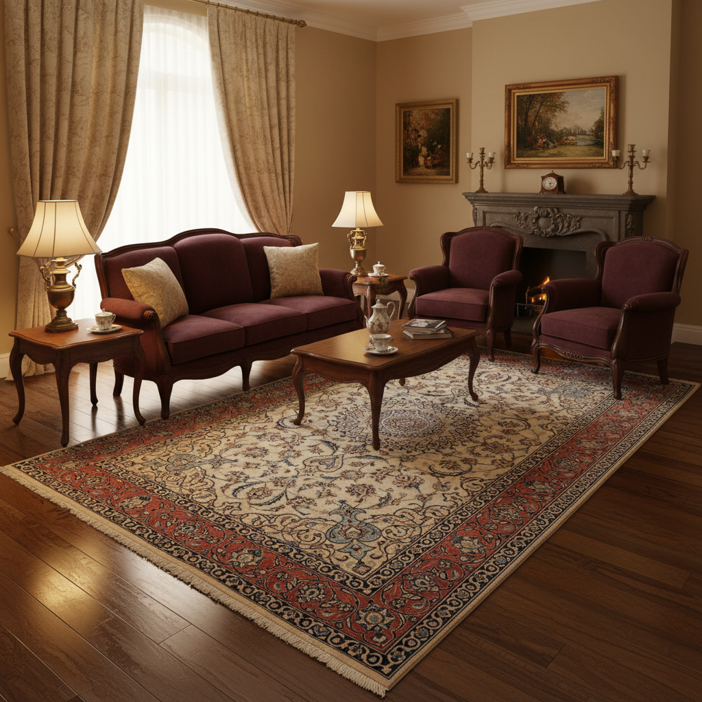 Tabriz-style ivory rug, central medallion close-up in soft red and navy