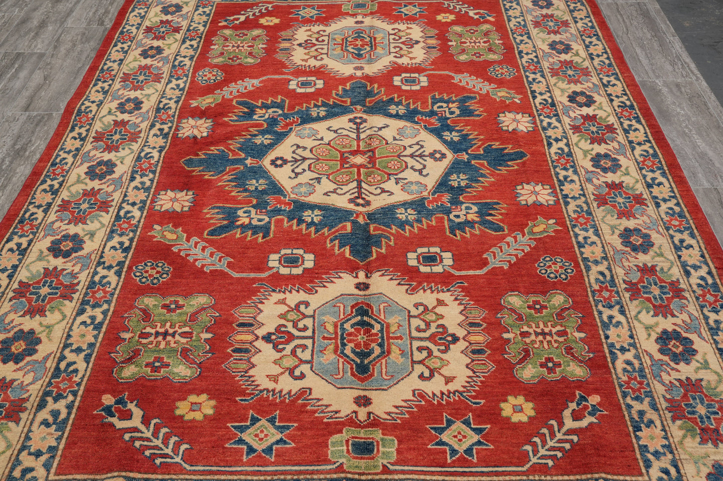Afghan Kazak rug, border pattern close-up