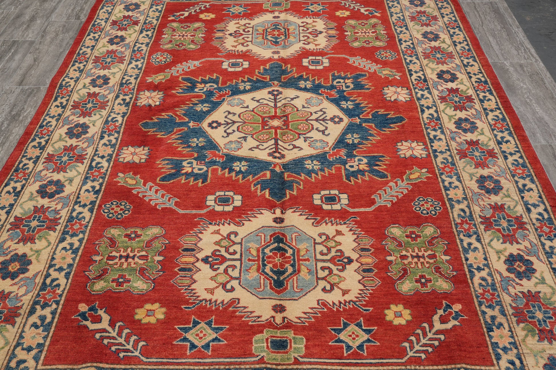Afghan Kazak rug, border pattern close-up