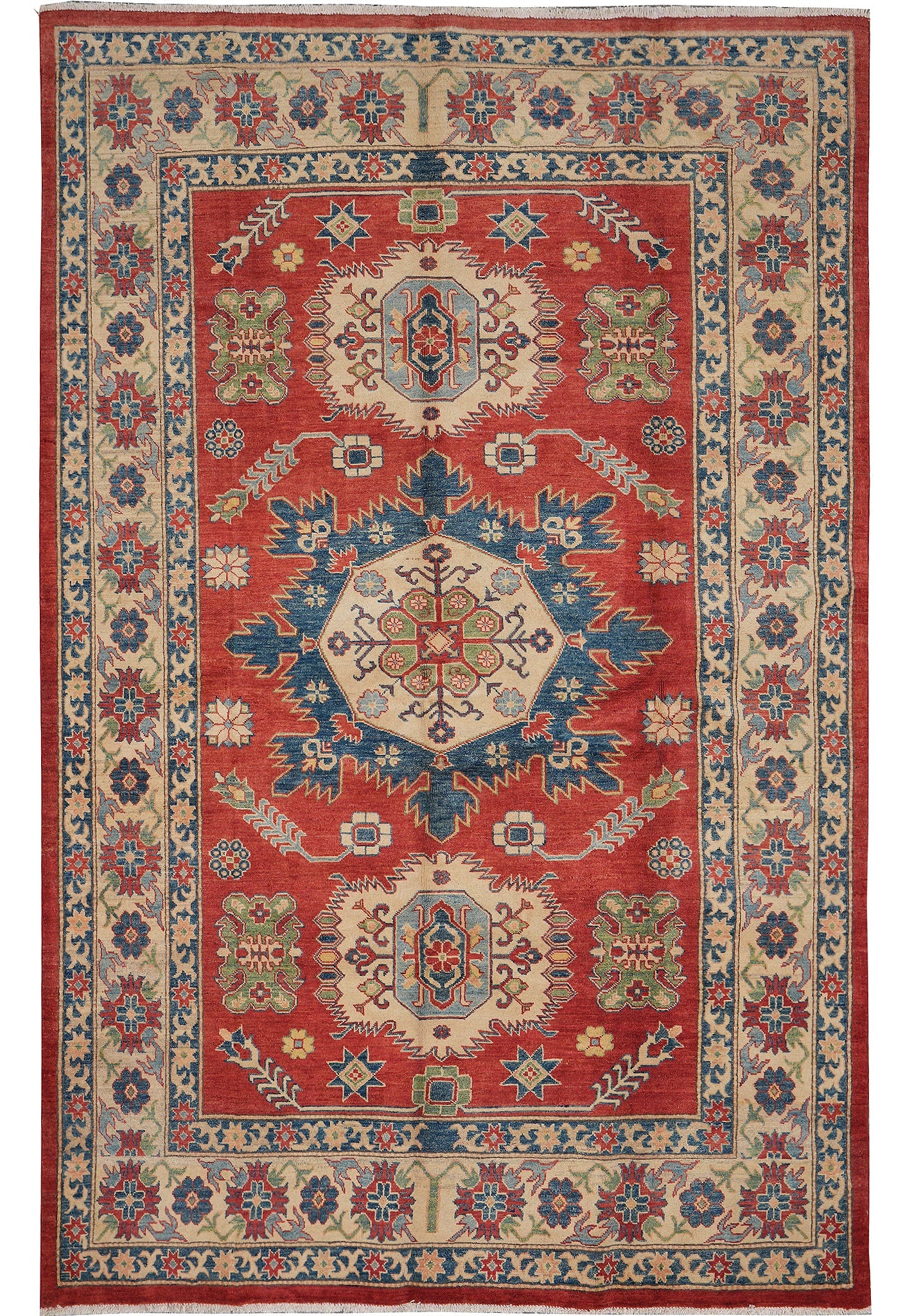 6.7 x 9.7 Afghan Kazak hand-knotted wool rug in multi-color tribal pattern, top view