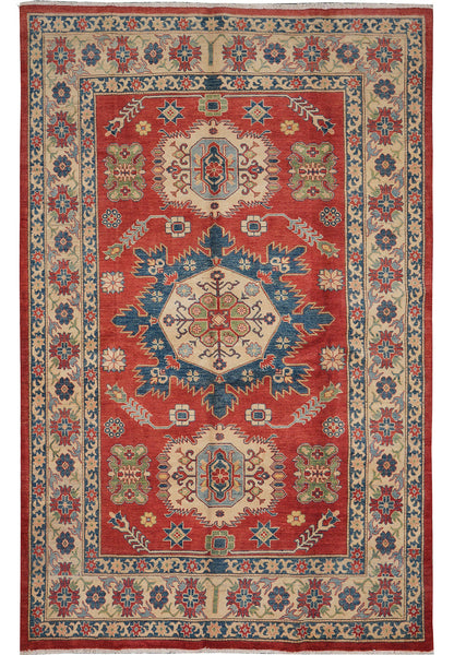 6.7 x 9.7 Afghan Kazak hand-knotted wool rug in multi-color tribal pattern, top view