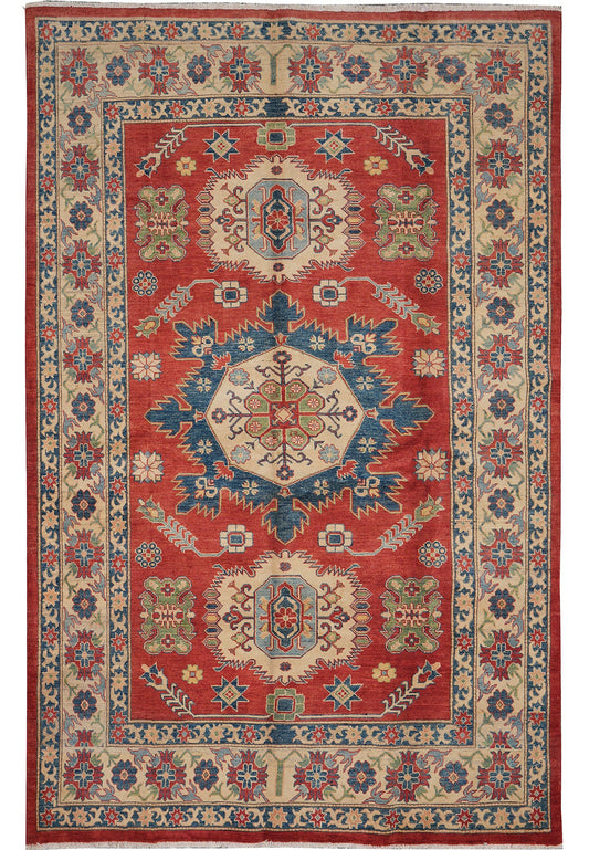 6.7 x 9.7 Afghan Kazak hand-knotted wool rug in multi-color tribal pattern, top view