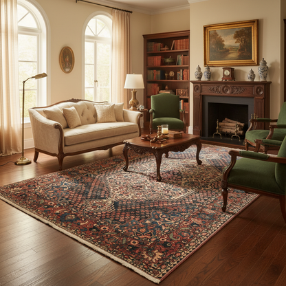 Bakhtiar-pattern garden rug visualized in a styled living room setting