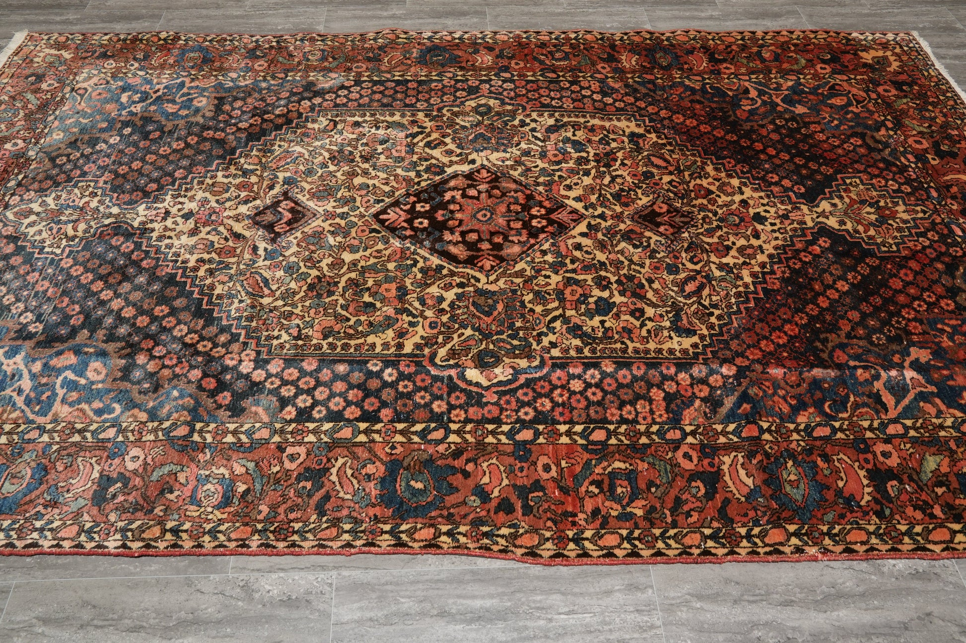 Bakhtiar-pattern garden rug, individual garden panel close-up in red and gold