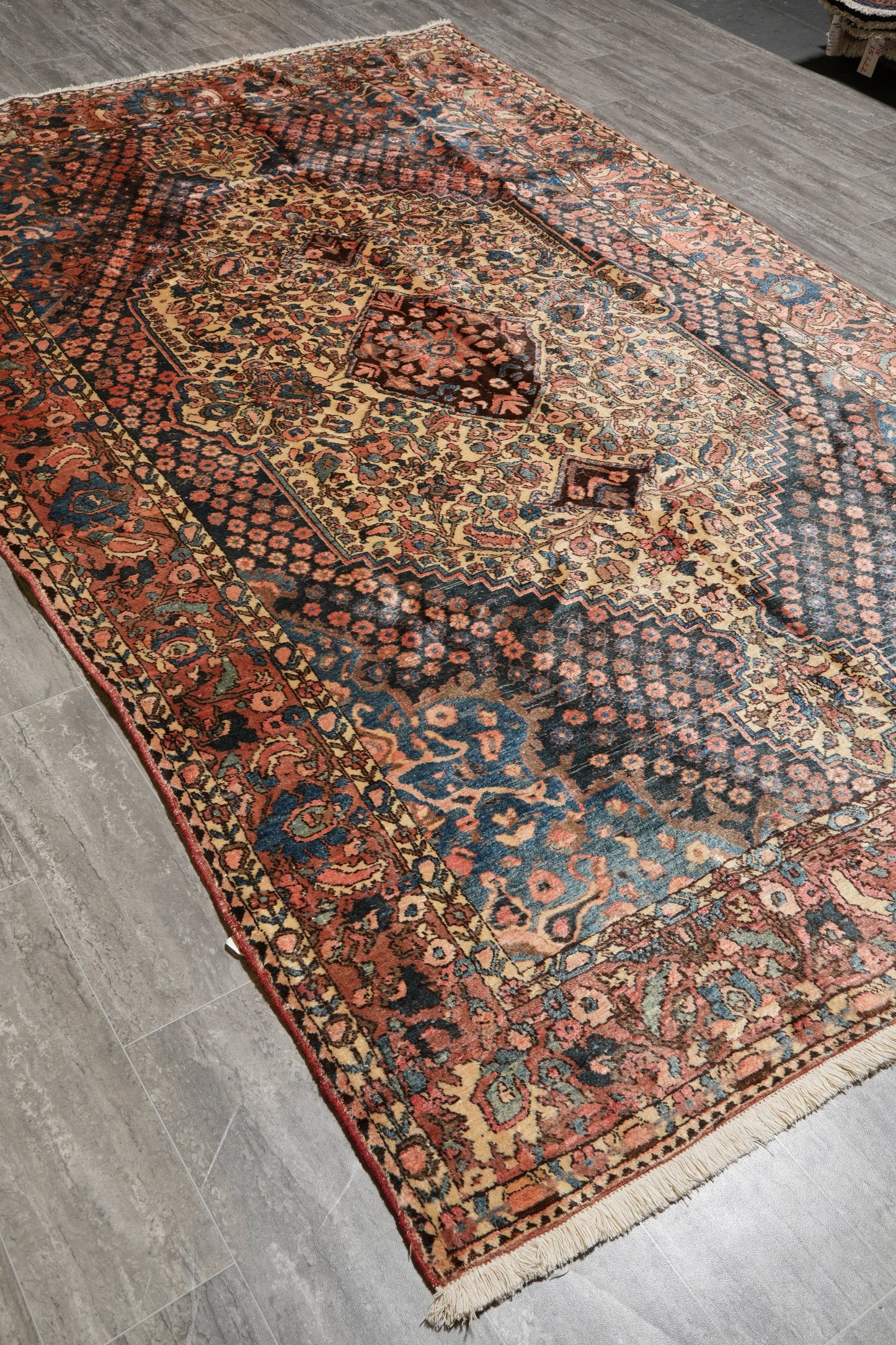 Bakhtiar-pattern garden rug, partial overhead view in natural light